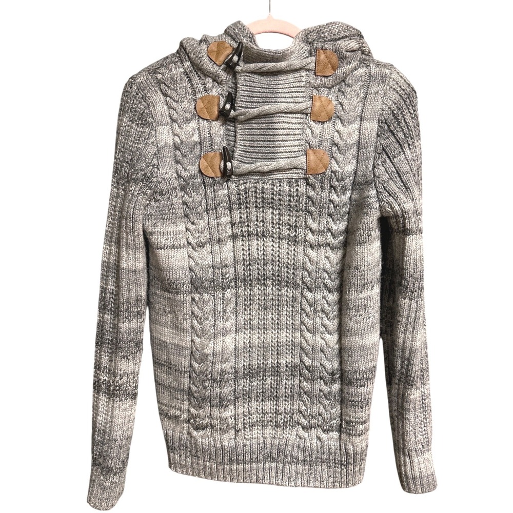 Leif Nelson Men's Cable Knit Hooded Sweater Grey Toggle Size Small